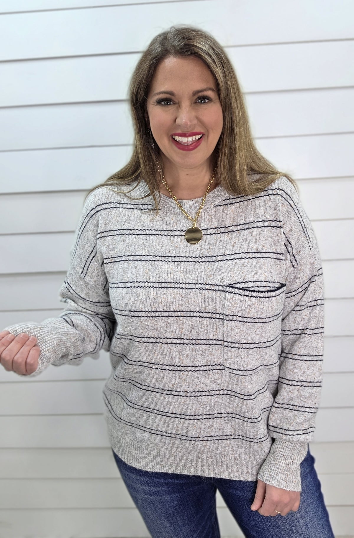 HEATHER GREY/STRIPED SPRINKLE KNIT POCKET SWEATER