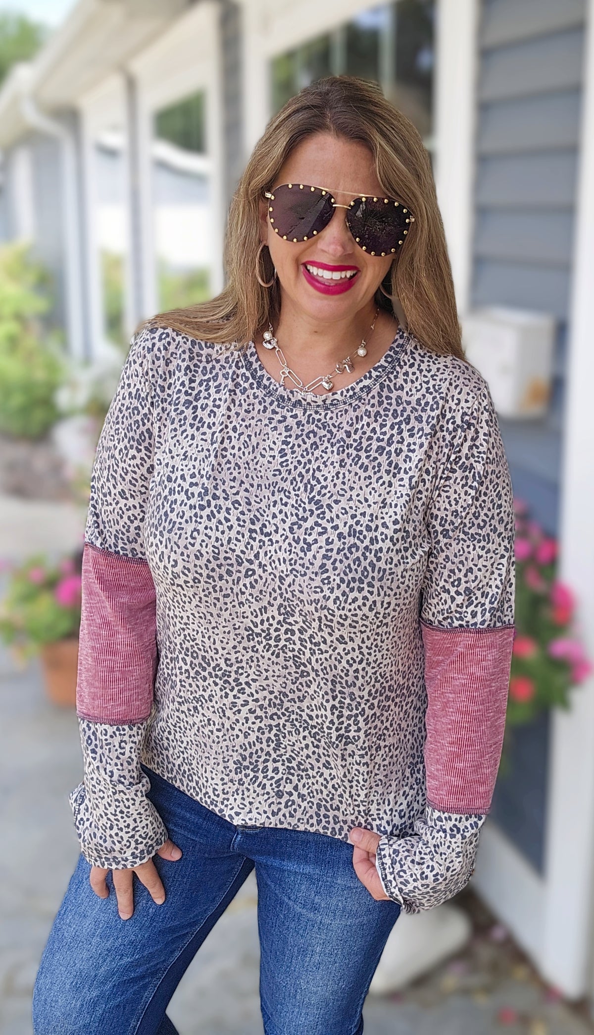 MOCHA ANIMAL PRINT KNIT TOP W/ BUTTON AND RIBBED INSERT LONG SLEEVE