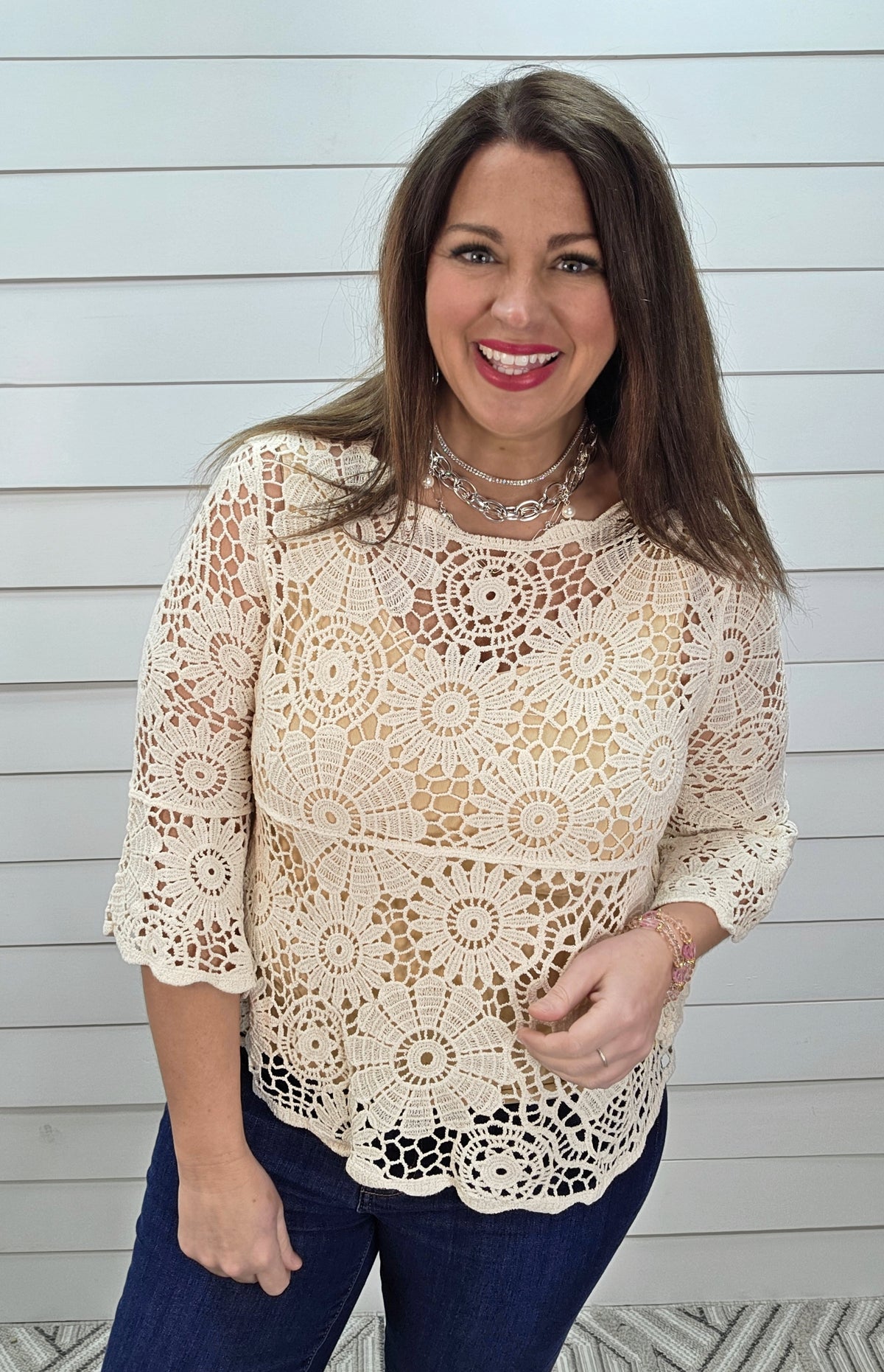 BEIGE 3/4 BELL SLEEVE CROCHET BLOUSE WITH SCALLOPED EDGE