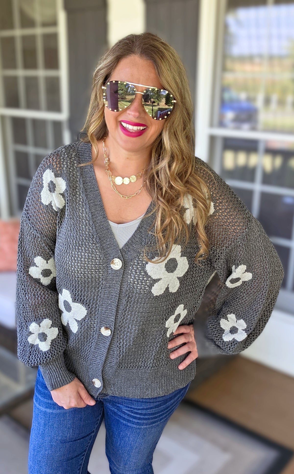 CHARCOAL OPEN KNIT BUTTON CARDIGAN WITH FLORAL DETAIL