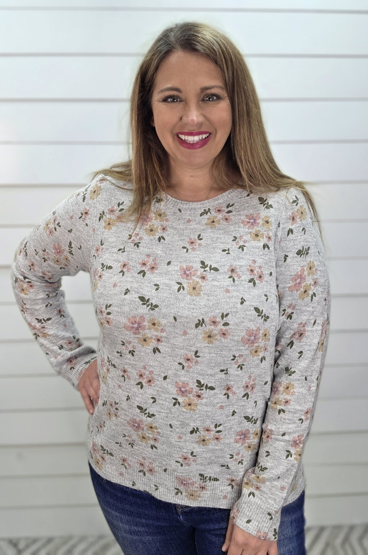 H GREY Flower Printed, Long Sleeve, Super Soft, Crew Neck Light Weight Sweater