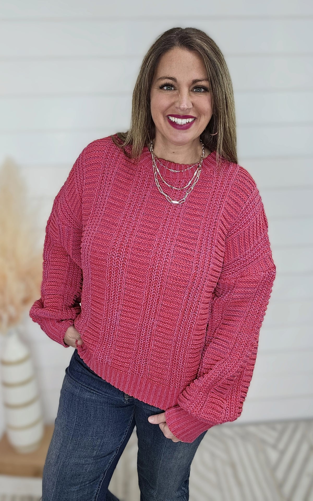 RED/PINK TWO TONE MINERAL WASH KNIT SWEATER