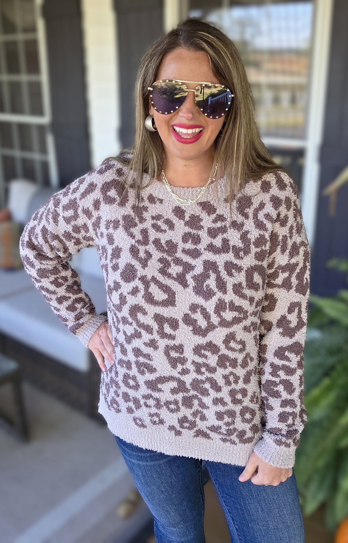 MOCHA ANIMAL ULTRA SOFT FUZZY ANIMAL PRINT SWEATER PULLOVER