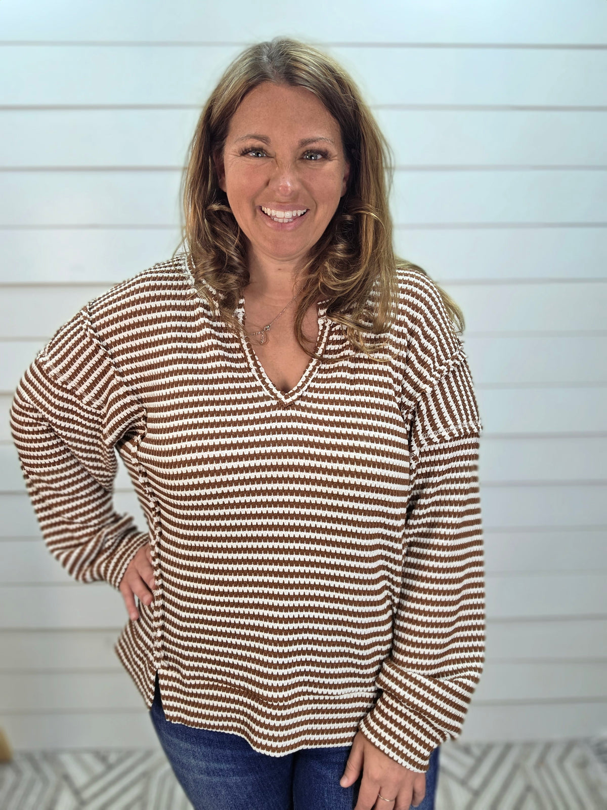 BROWN/CREAM Stripe Split Neck Long Sleeve Seam Detail Knit Top