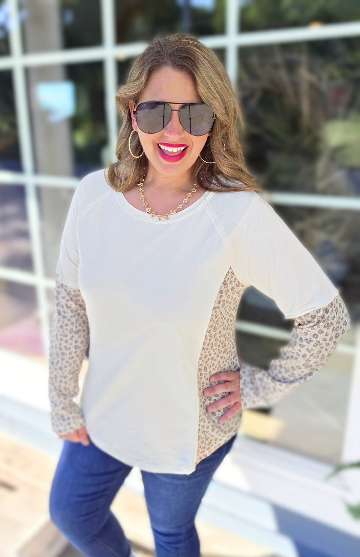 CREAM/ANIMAL CONTRAST KNIT TOP