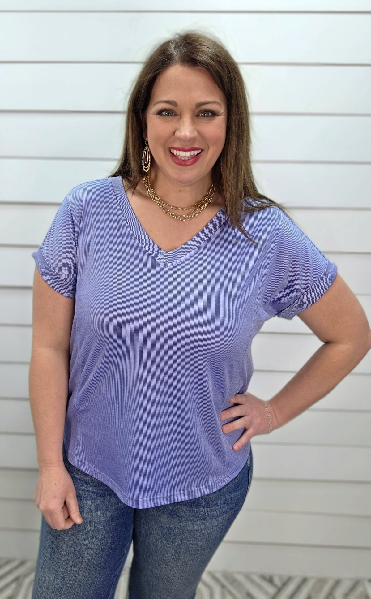 CHAMBRAY PIN STRIPE V NECK KNIT TOP