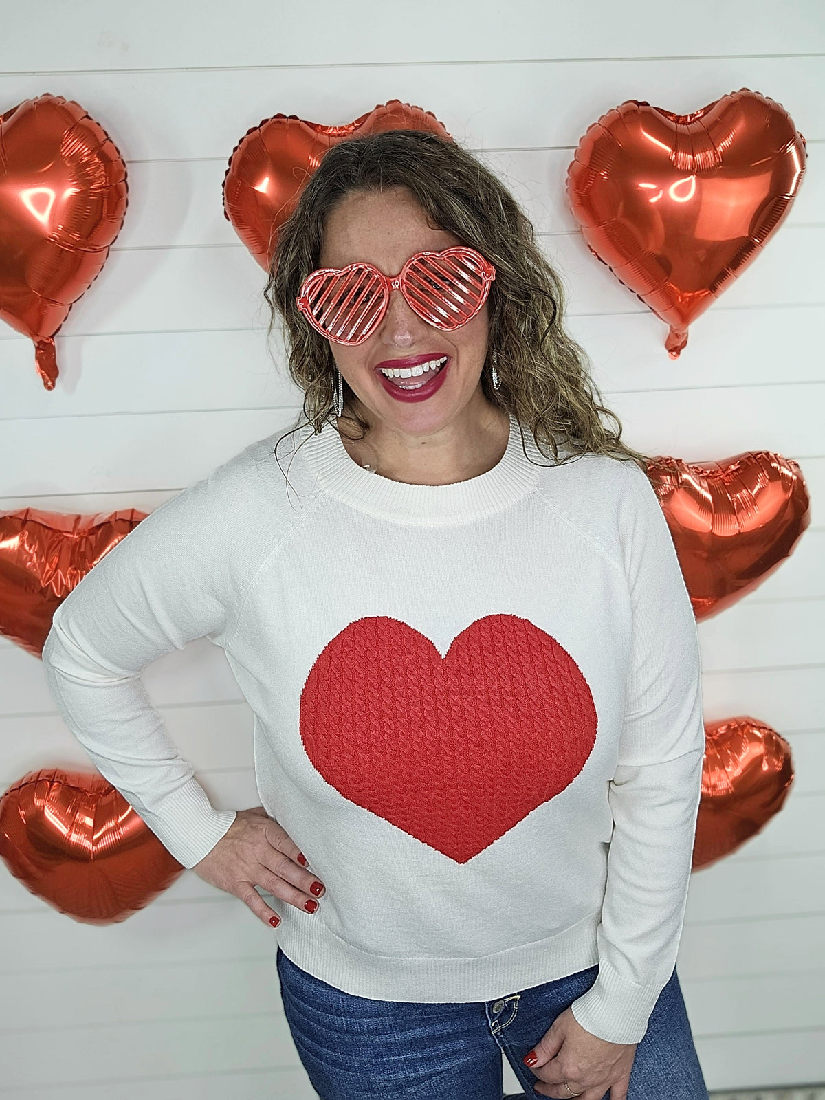 CREAM SWEATER WITH RED LARGE HEART