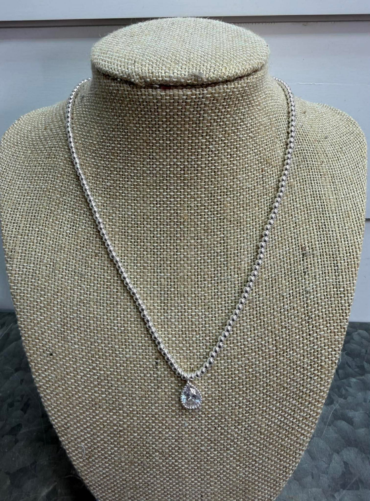 WATER RESISTANT SILVER BEADED CHAIN W/ TEARDROP NECKLACE