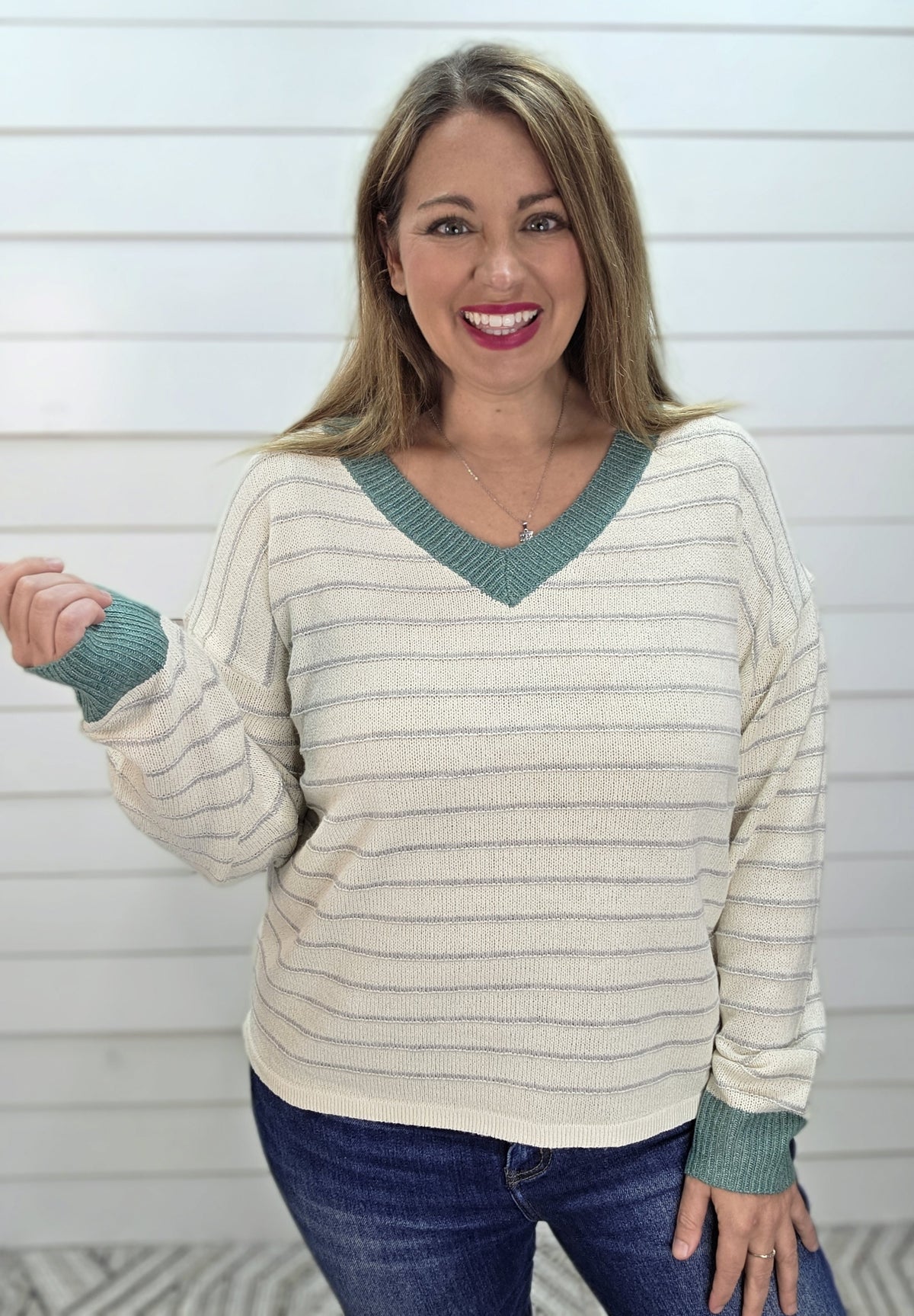 IVORY/JADE Color Accent Rib Band, Long Sleeve, Striped V Neck LIGHT WEIGHT SWEATER