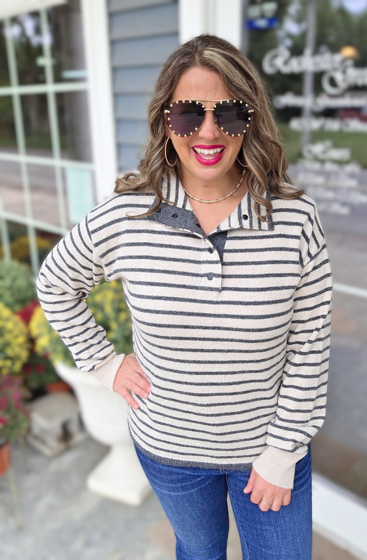 OATMEAL/CHARCOAL STRIPED QUARTER SNAP BUTTON SWEATER