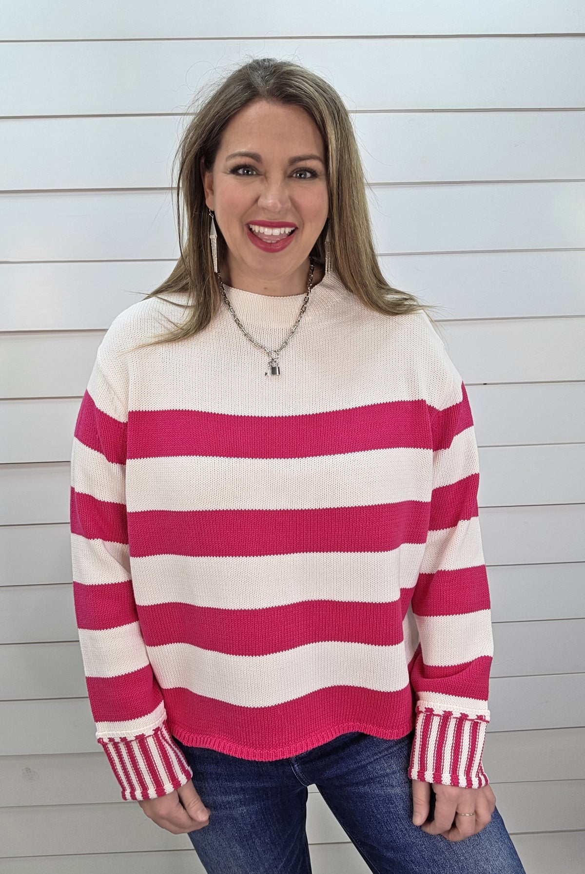 HOT PINK/OFF WHITE LARGE STRIPE PULLOVER SWEATER