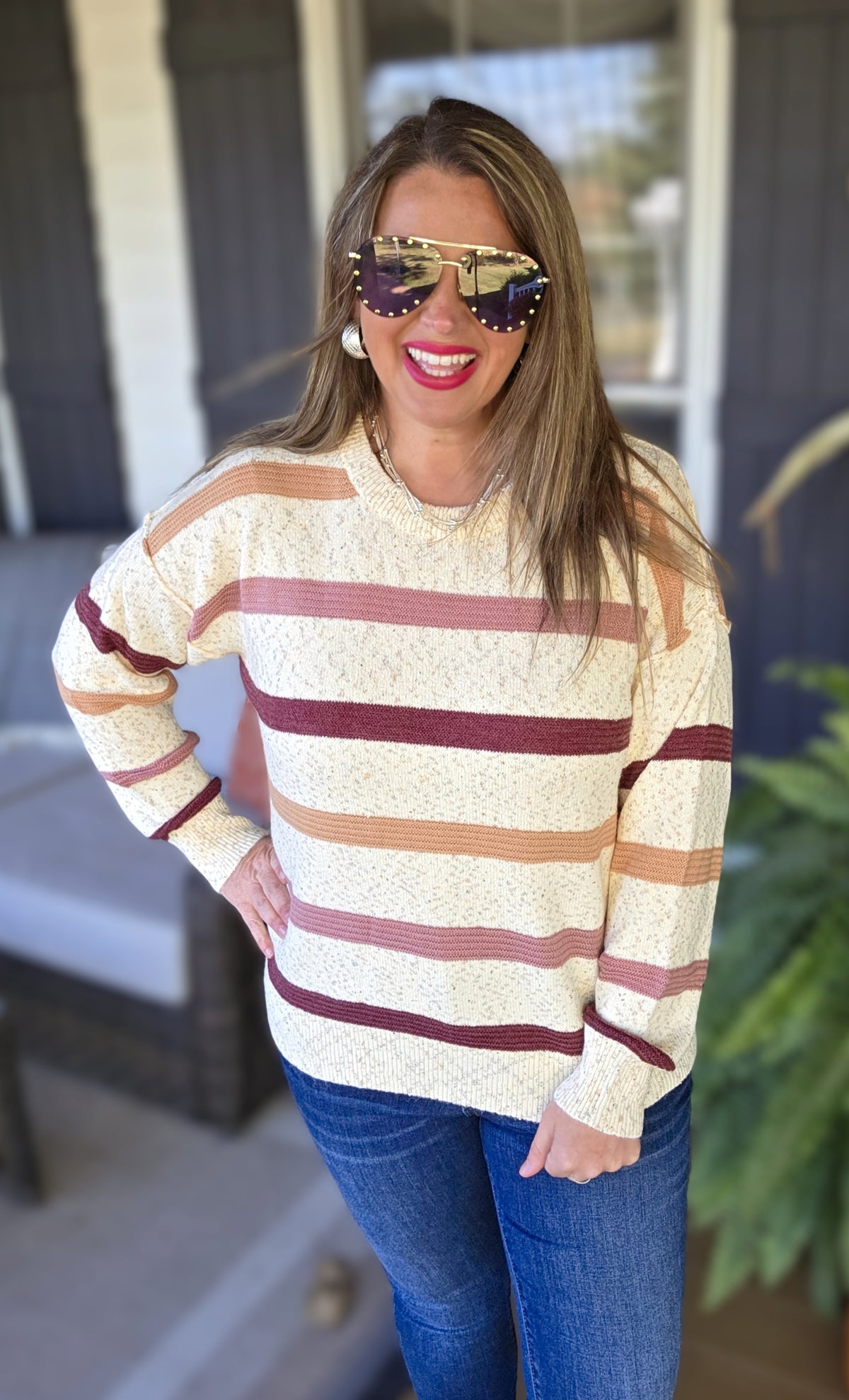 OATMEAL/ROSE SPECK STRIPED KNIT LIGHT WEIGHT SWEATER