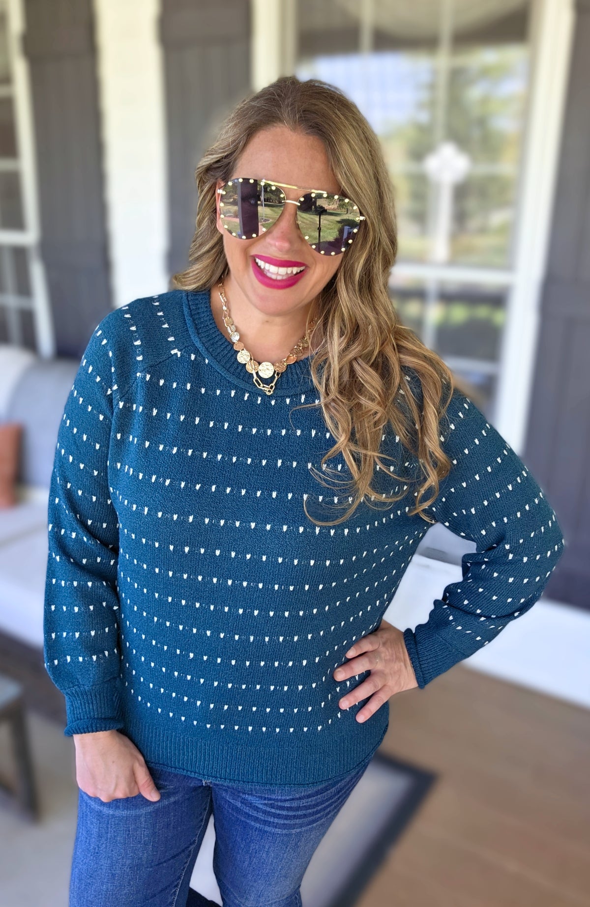 TEAL DOT KNIT PULL OVER KNIT SWEATER