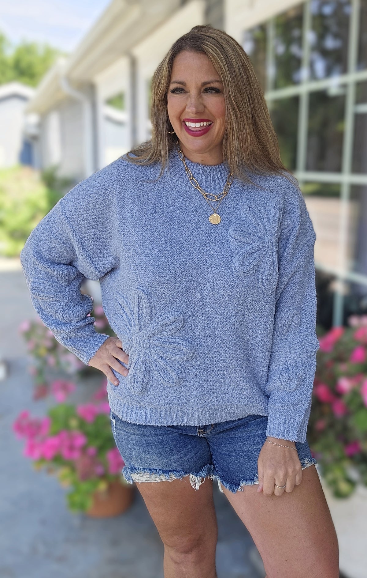 BLUE LARGE FLORAL KNIT SWEATER