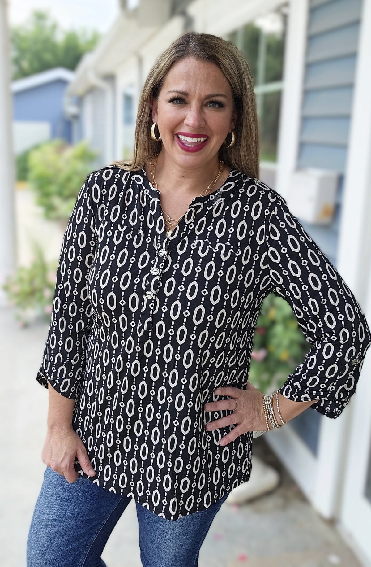 DEAR SCARLETT BLACK/CREAM GEO PRINT LUXE LIZZY