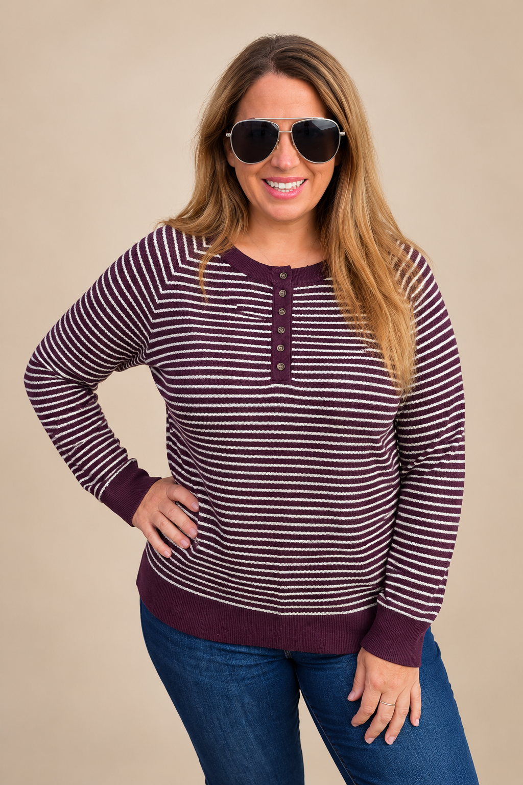 DARK PLUM Textured Stripe Half Button Front Pullover Sweater