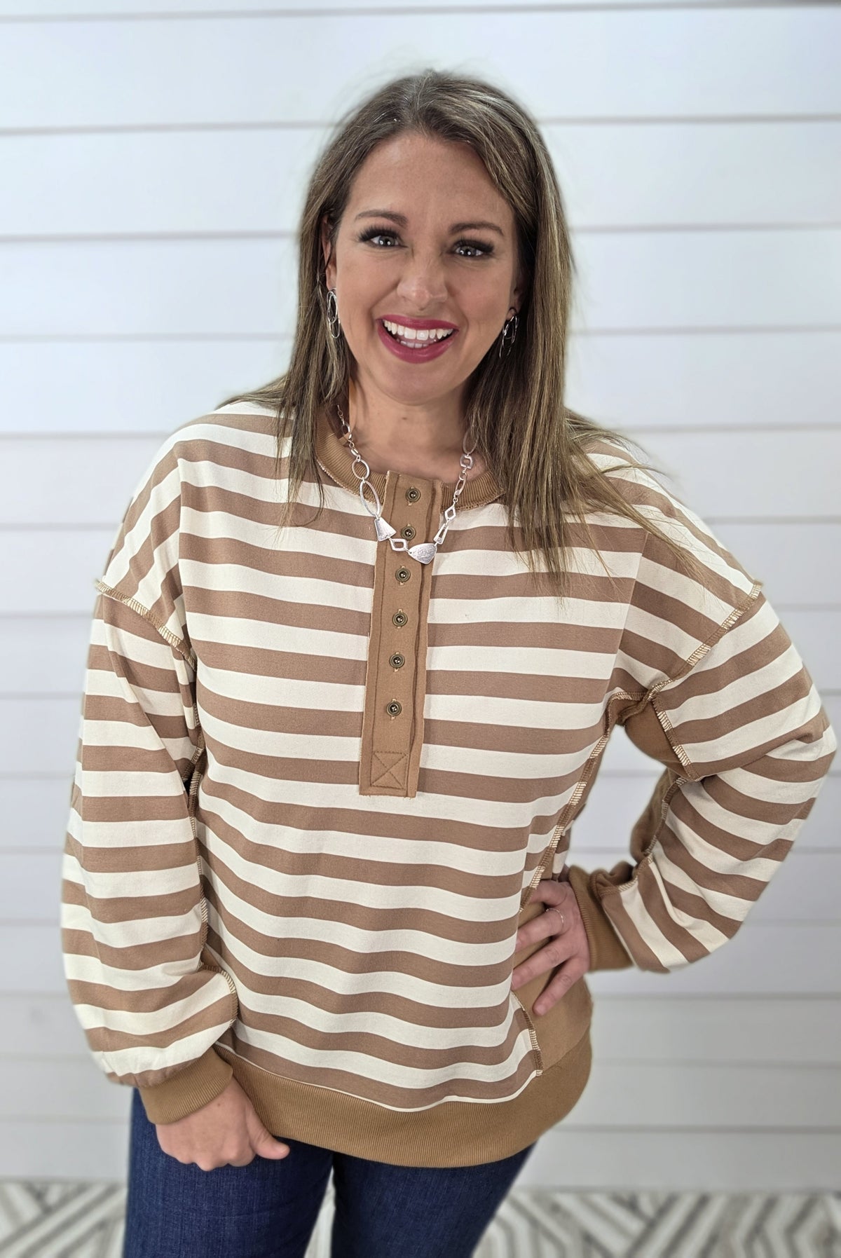 MOCHA/CREAM STRIPED BUTTON HENLEY FRECH TERRY TOP