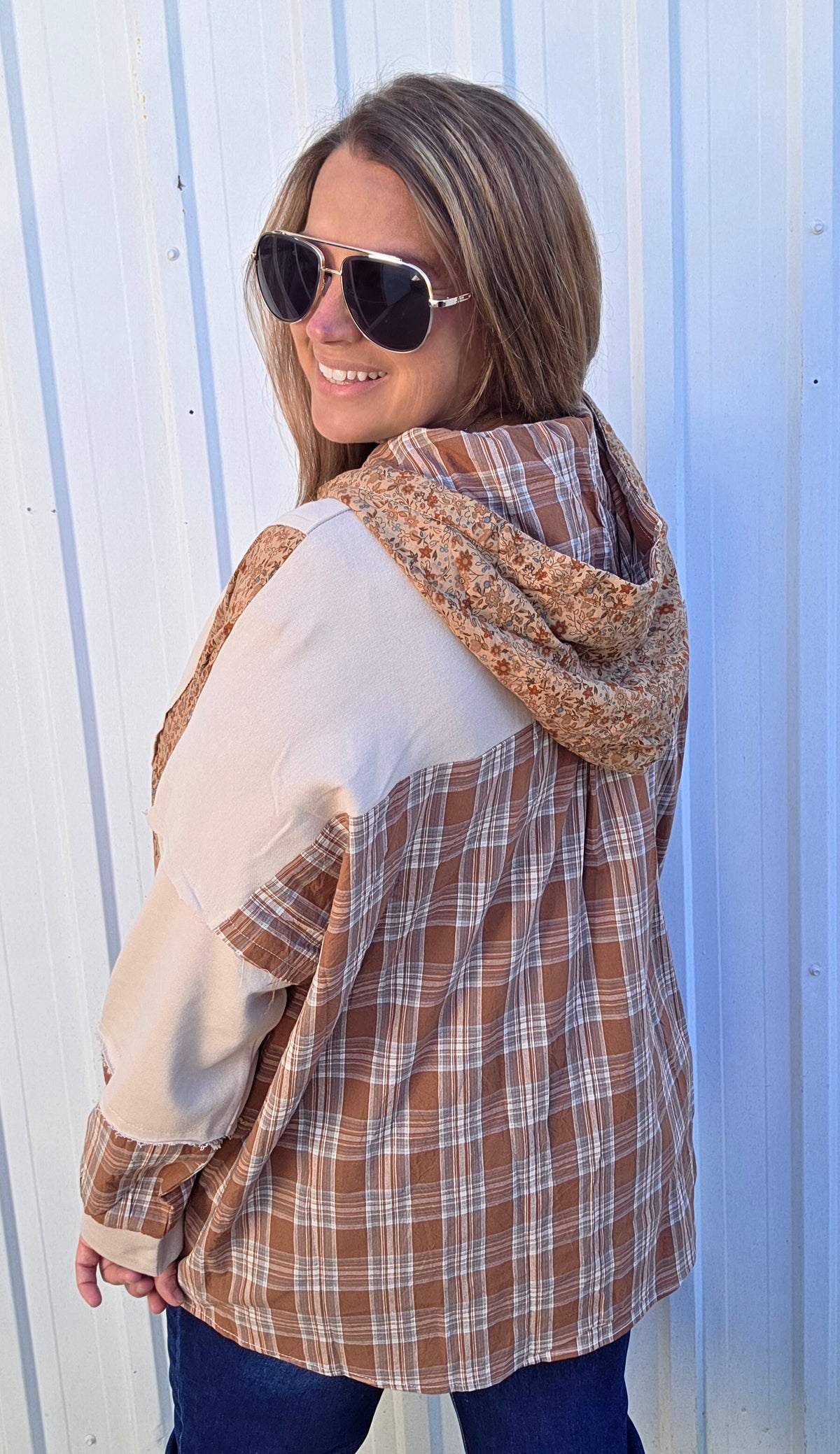 Oatmeal Snap Button Down Plaid Check Floral Print Color Block With Cut Edge Detail Drop Light Weight Hoodie