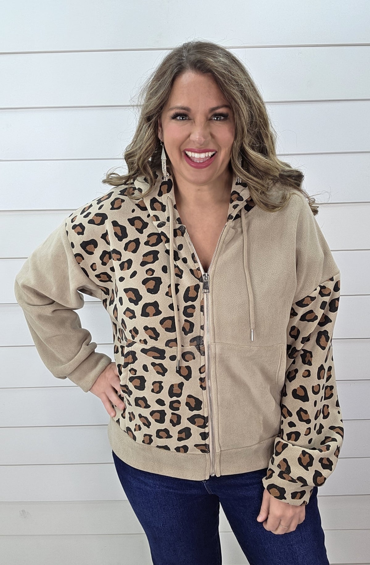 MOCHA CONTRAST LEOPARD FULL ZIP HOODED PULLOVER