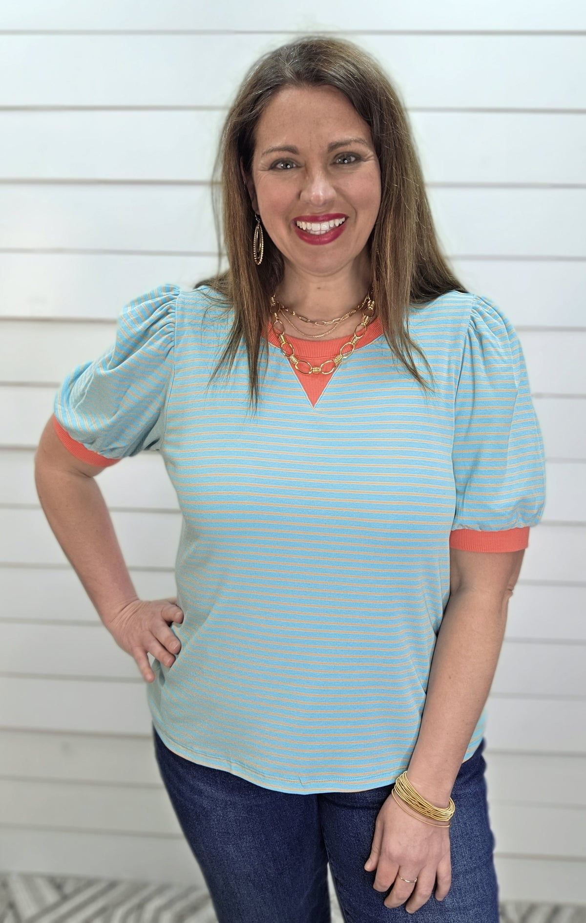 MINT/CORAL STRIPED PUFF SLEEVE KNIT TOP