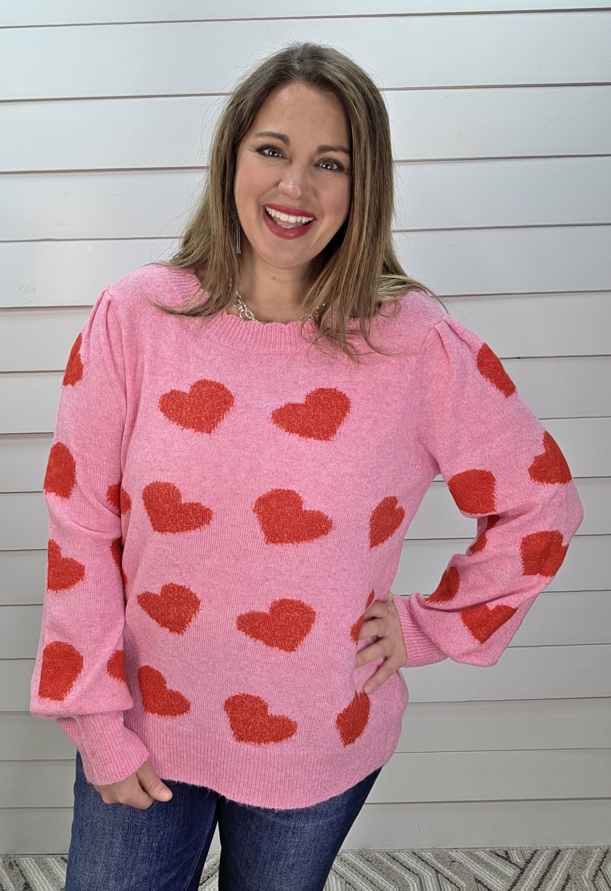 PINK/RED HEART SWEATER W/ SCALLOPED NECKLINE