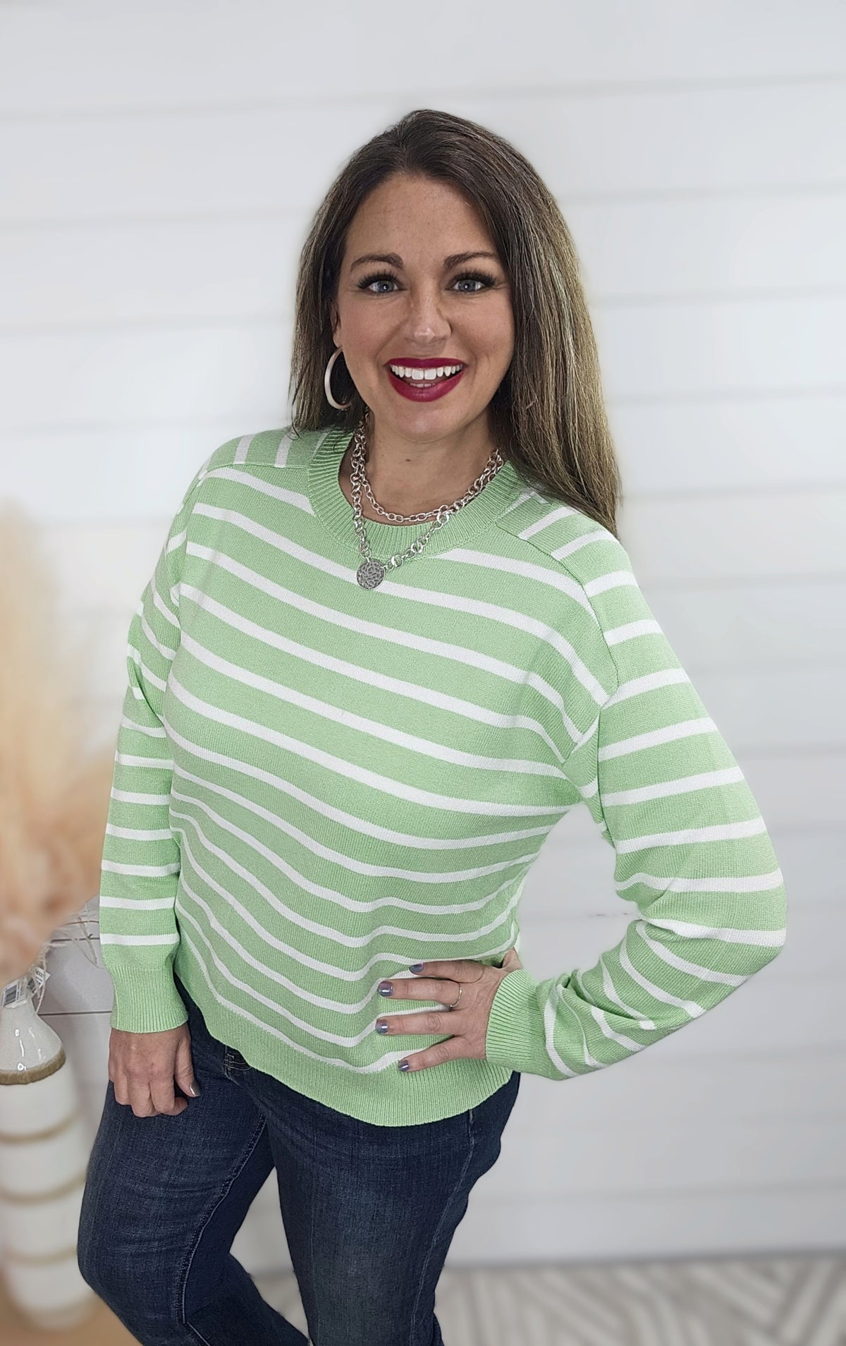 LIME/WHITE STRIPED SOFT  SWEATER