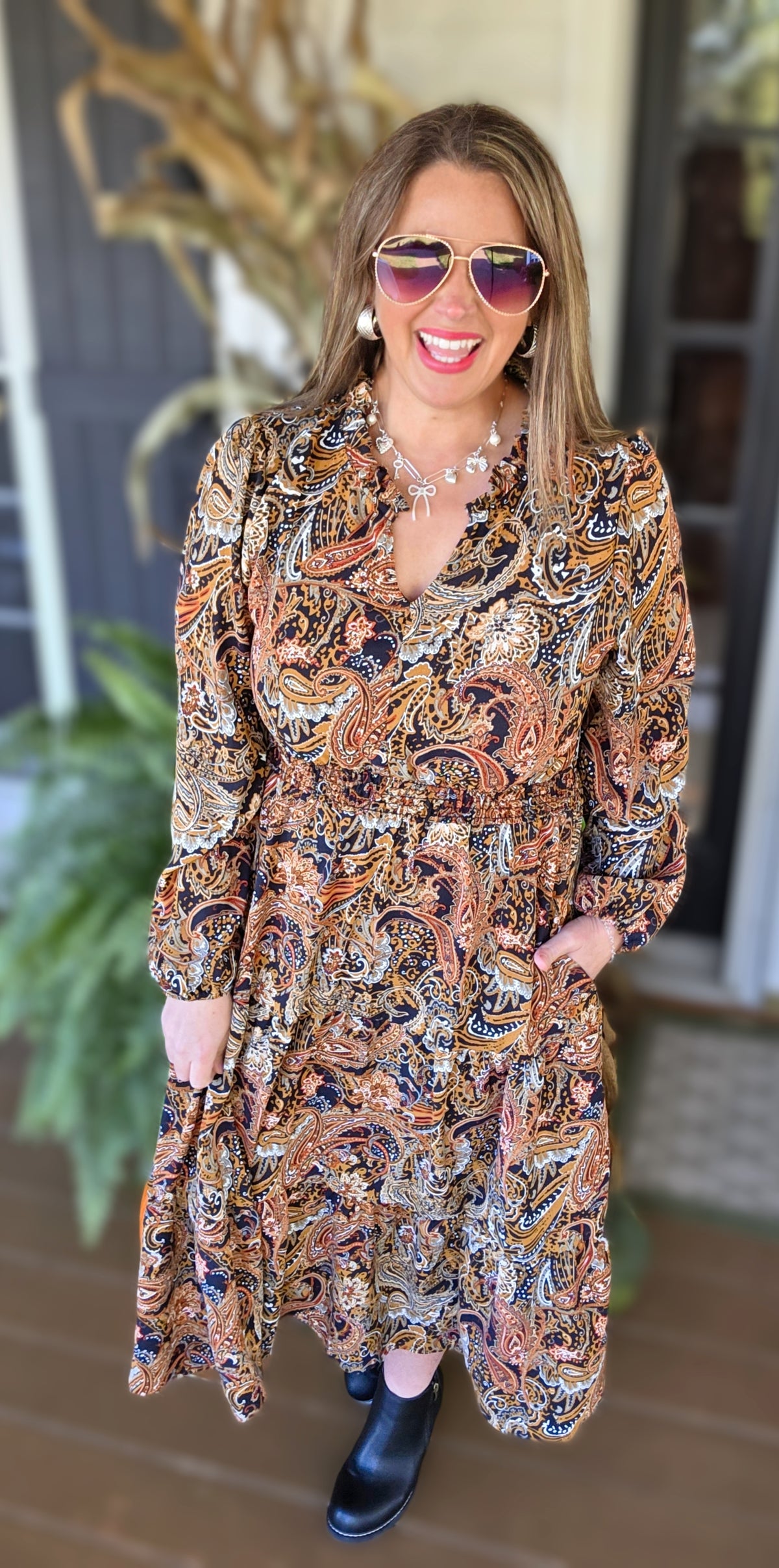 BLACK/RUST PAISLEY ELASTIC WAIST LONG DRESS