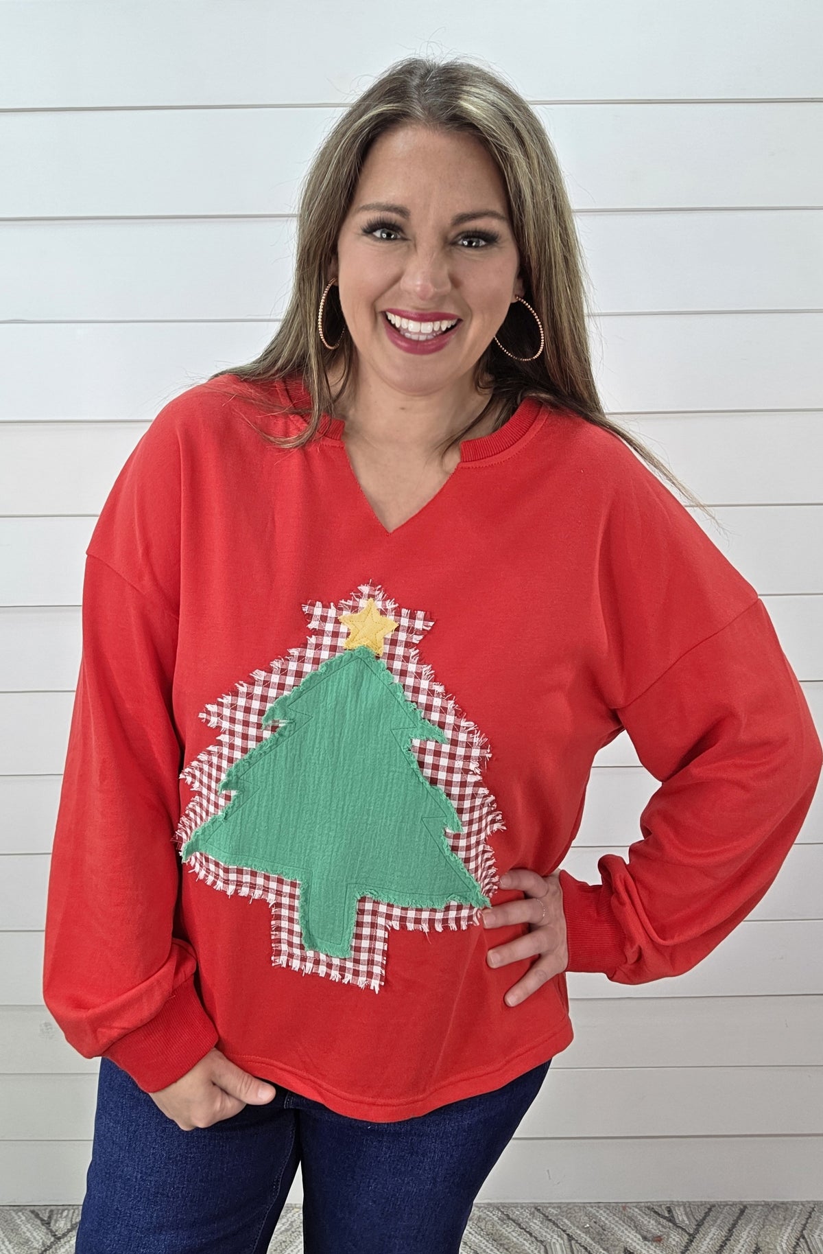 RED FRENCH TERRY PULLOVER W/ RAW EDGE TREE