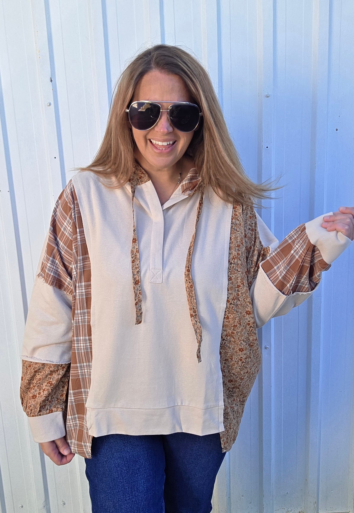 Oatmeal Snap Button Down Plaid Check Floral Print Color Block With Cut Edge Detail Drop Light Weight Hoodie