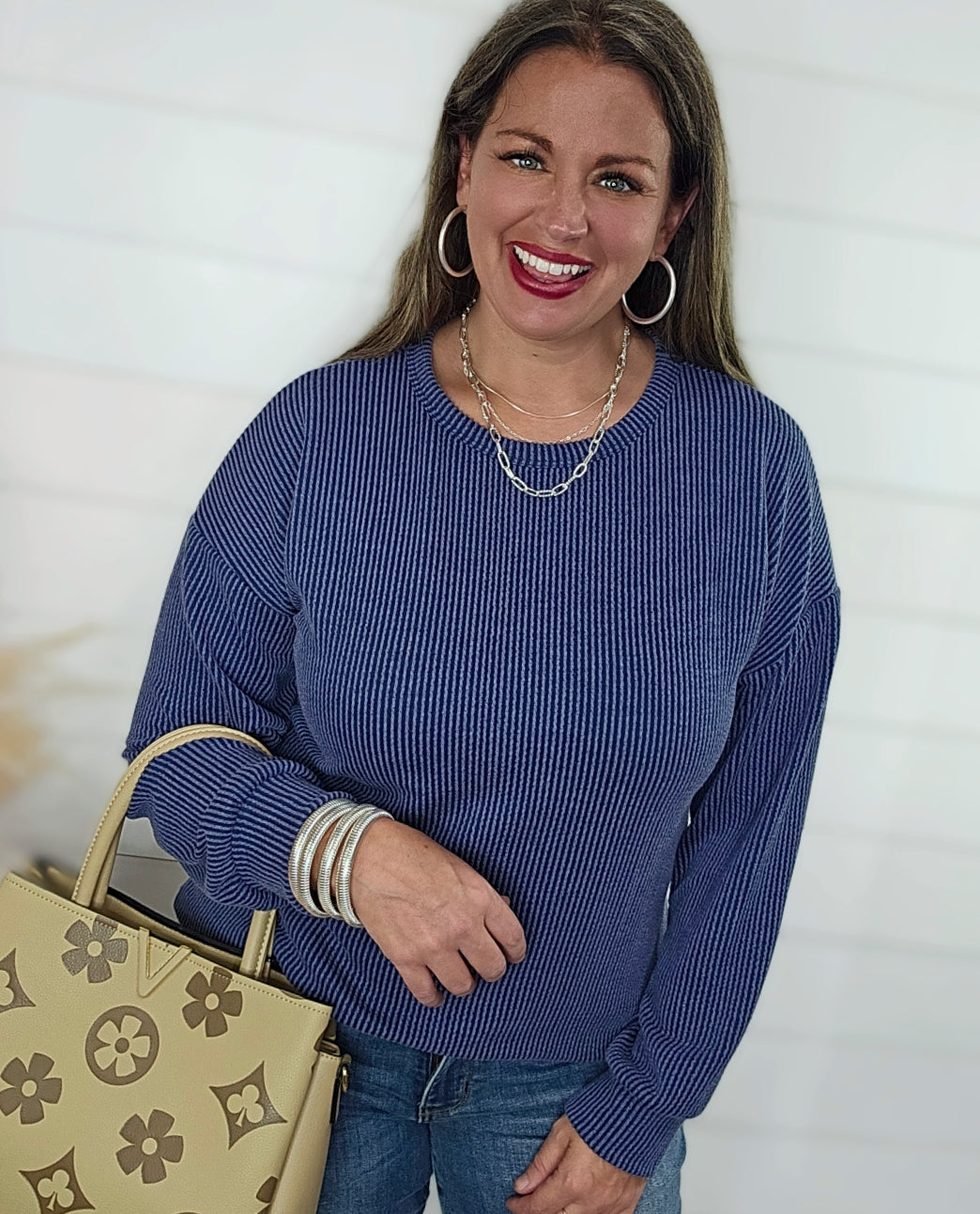 NAVY RAISED RIBBED LONG SLEEVE TOP