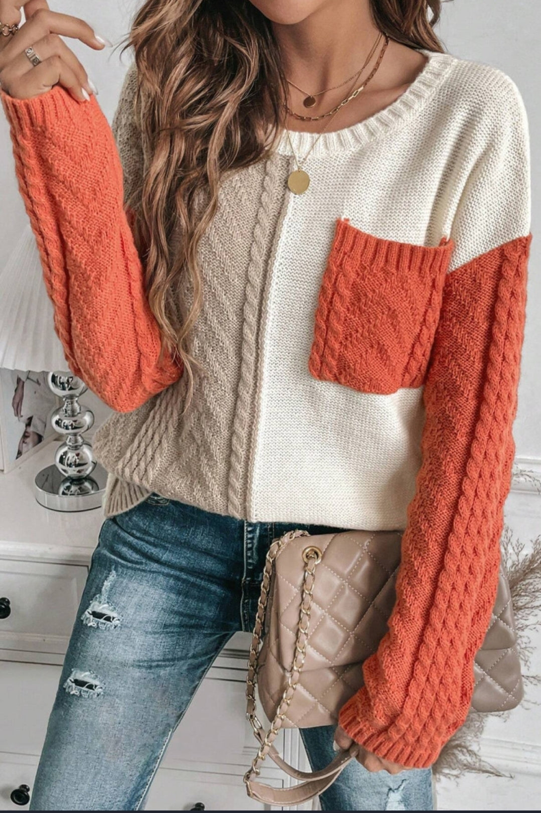 ORANGE FLAME COLORBLOCK PATCHED POCKET DROP SHOULDER SWEATER