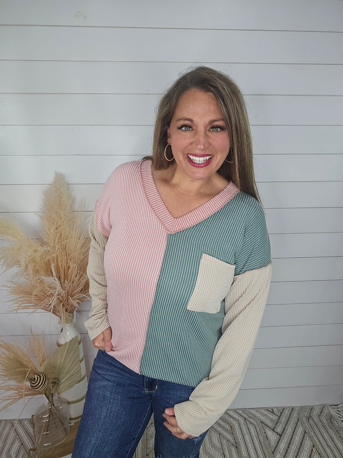 MAUVE/JADE RAISED RIBBED COLORBLOCK TOP