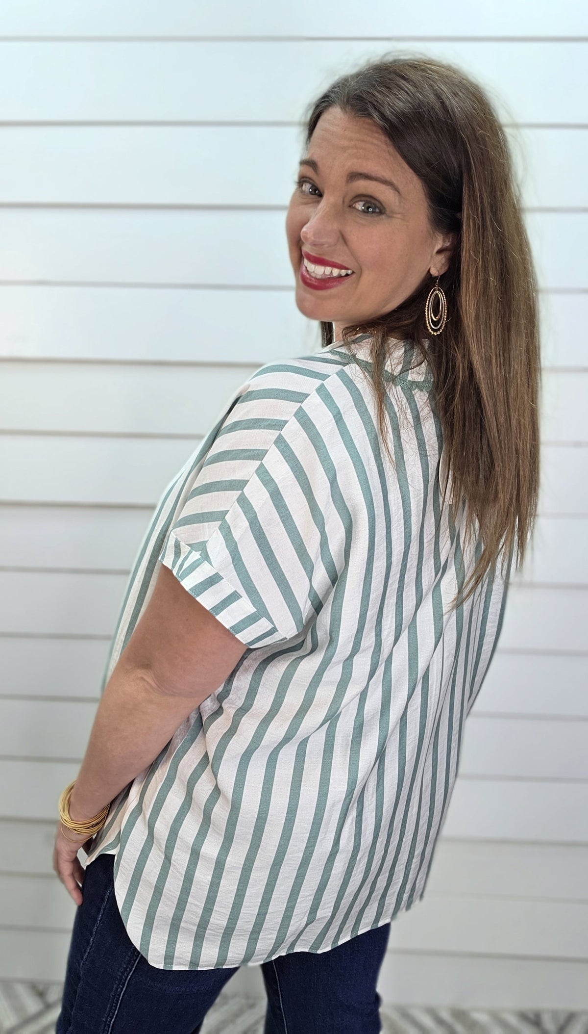 MINT STRIPED V NECK LOOSE FIT WOVEN TOP W/ LACE TRIM