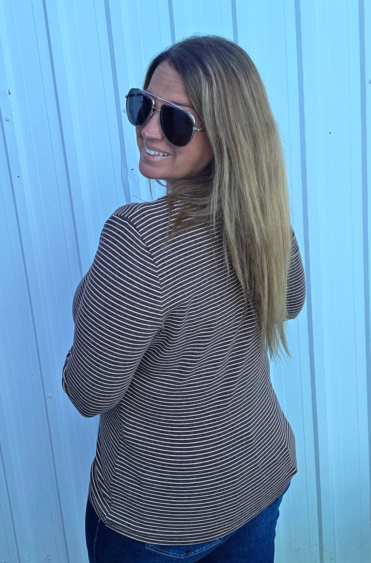 BROWN Crew Neck, Long Sleeve, Basic Striped Jersey Top