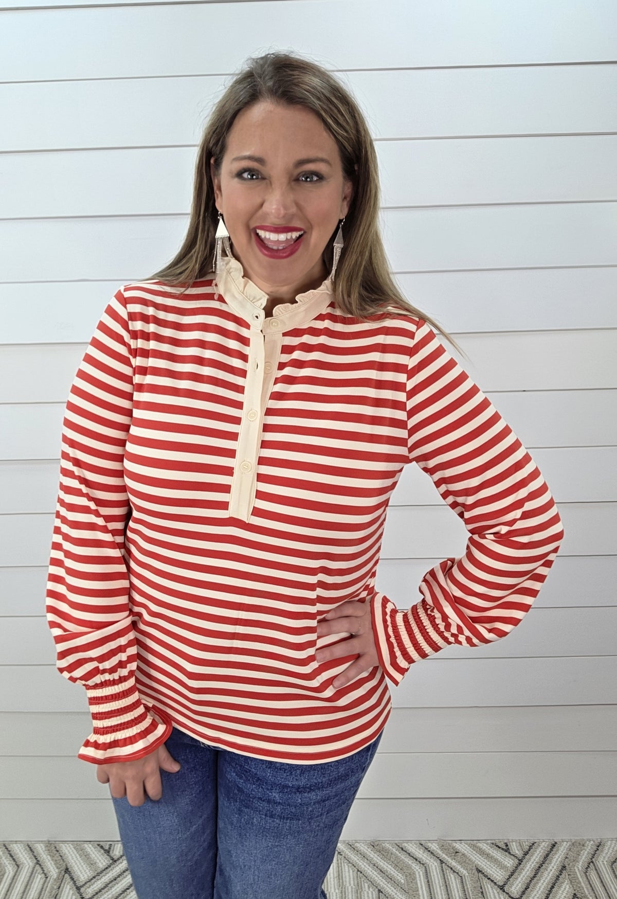RED STRIPED HIGH NECK RUFFLE COLLAR TOP W/ SMOCKED SLEEVES