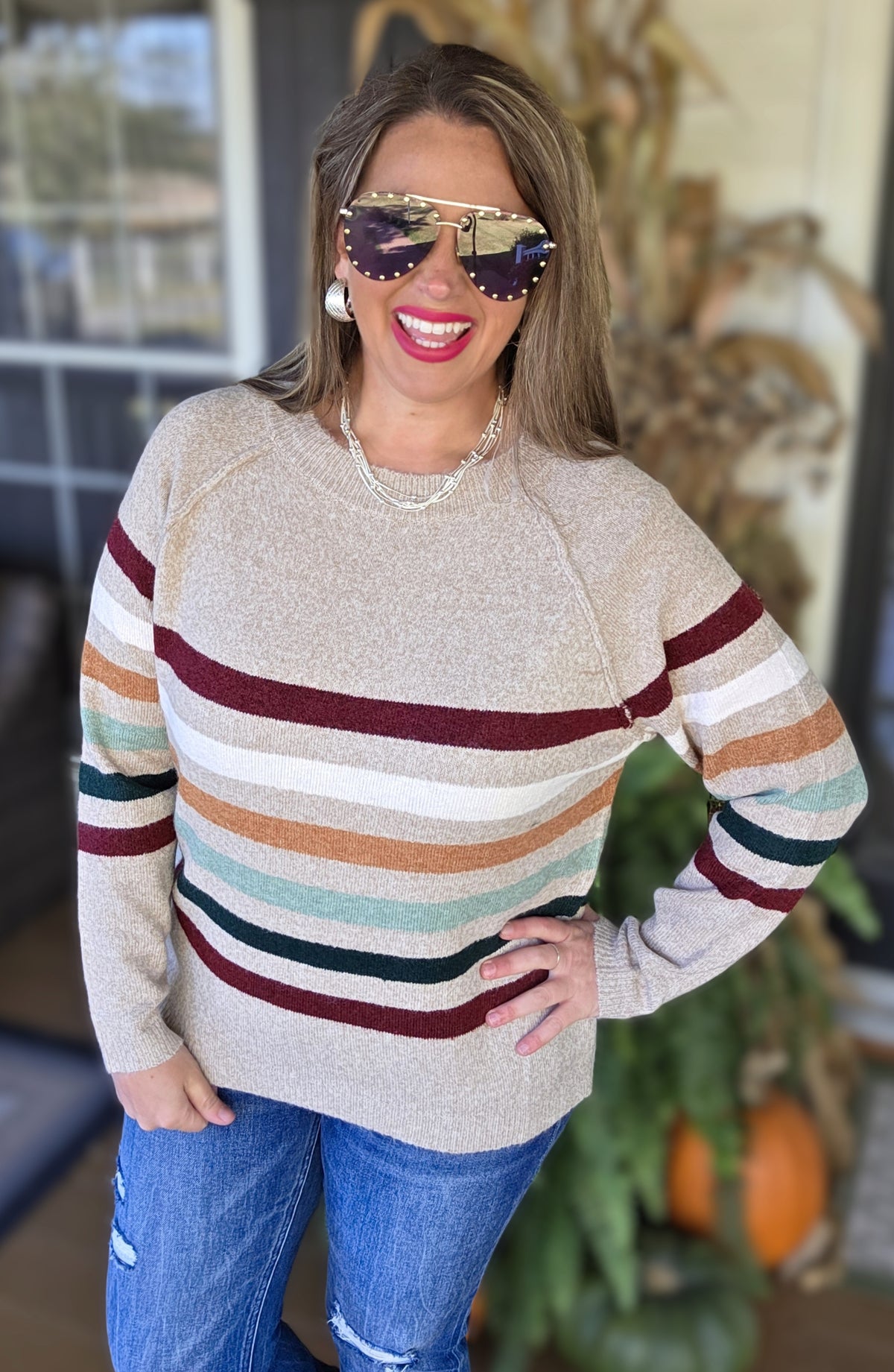 TAUPE MULTI STRIPE KNIT CREW NECK LIGHT WEIGHT SWEATER