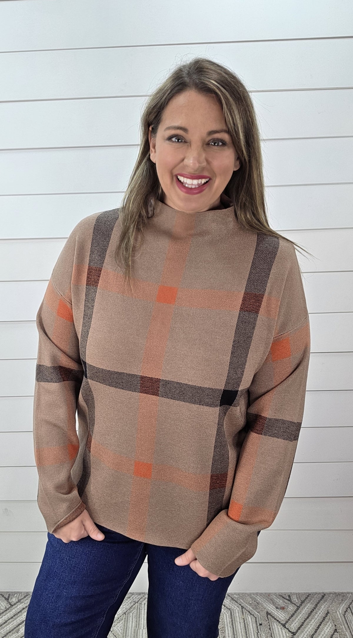 MOCHA PLAID HIGH NECK PULLOVER SWEATER