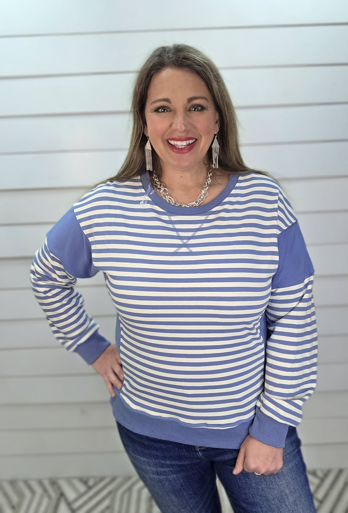 LT BLUE STRIPED FRENCH TERRY PULLOVER