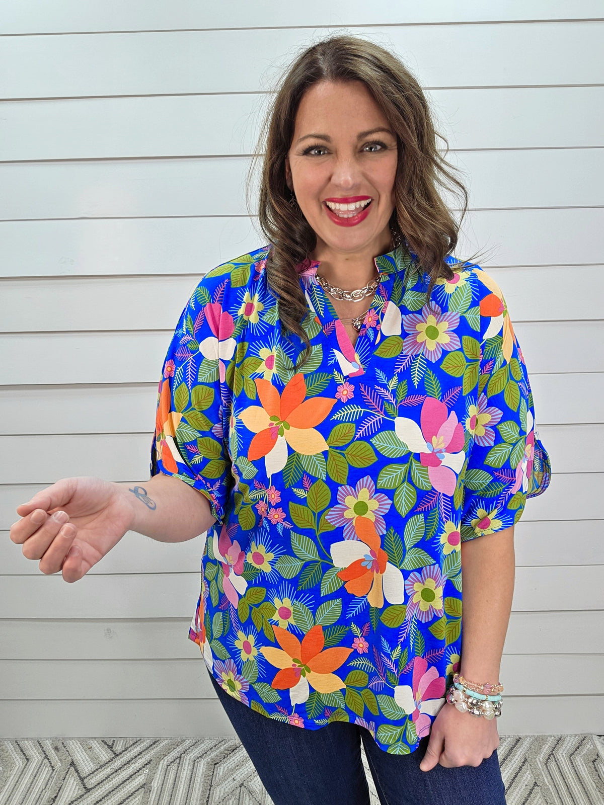 DEAR SCARLETT BREEZE SPLIT SLEEVE TOP - ROYAL BLUE MULTI COLOR PRINTED