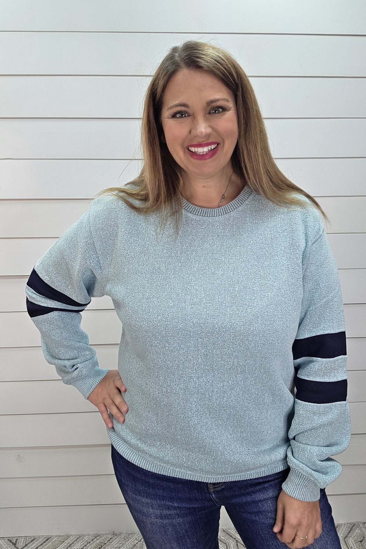 SEA GREEN Nantucket Crewneck Pullover With Sleeve Stripes