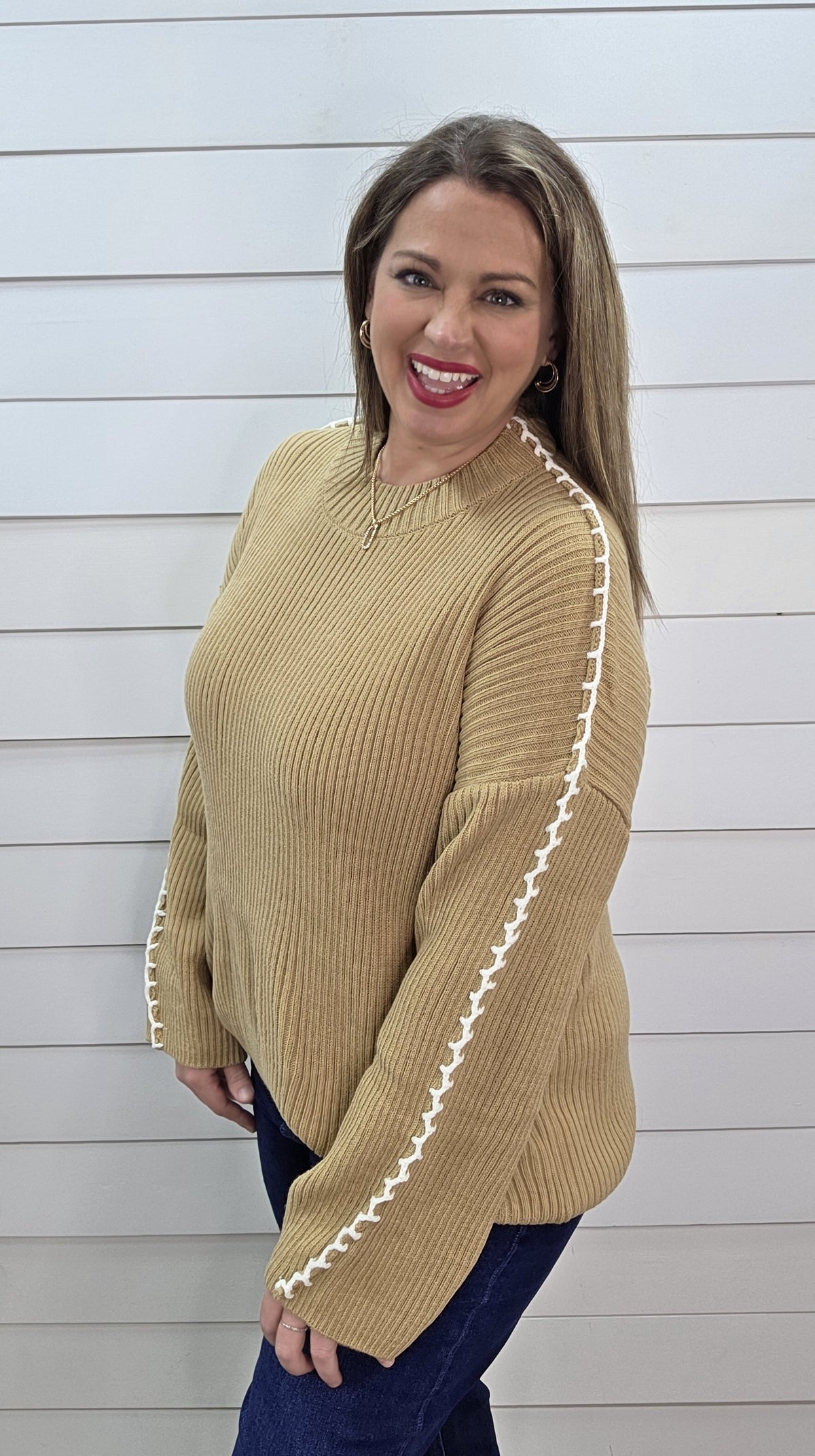 TAUPE STITCH DETAIL LOOSE FIT PULLOVER SWEATER