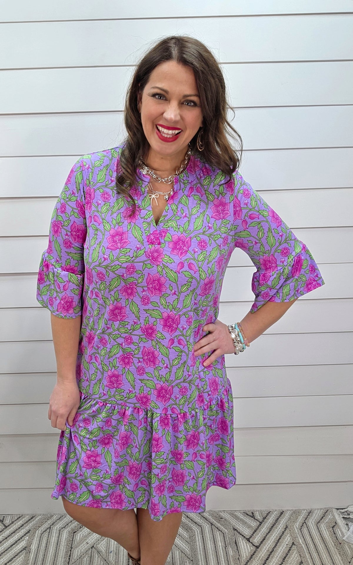 DEAR SCARLETT SUNDAY 3/4 SLEEVE RUFFLE DETAIL DRESS - LAVENDER/PINK FLORAL