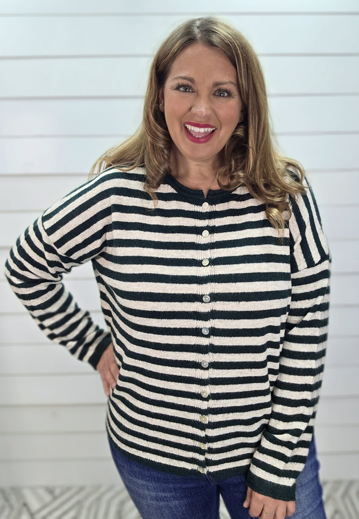 FOREST Striped Long Sleeve Button Down Sweater Cardigan