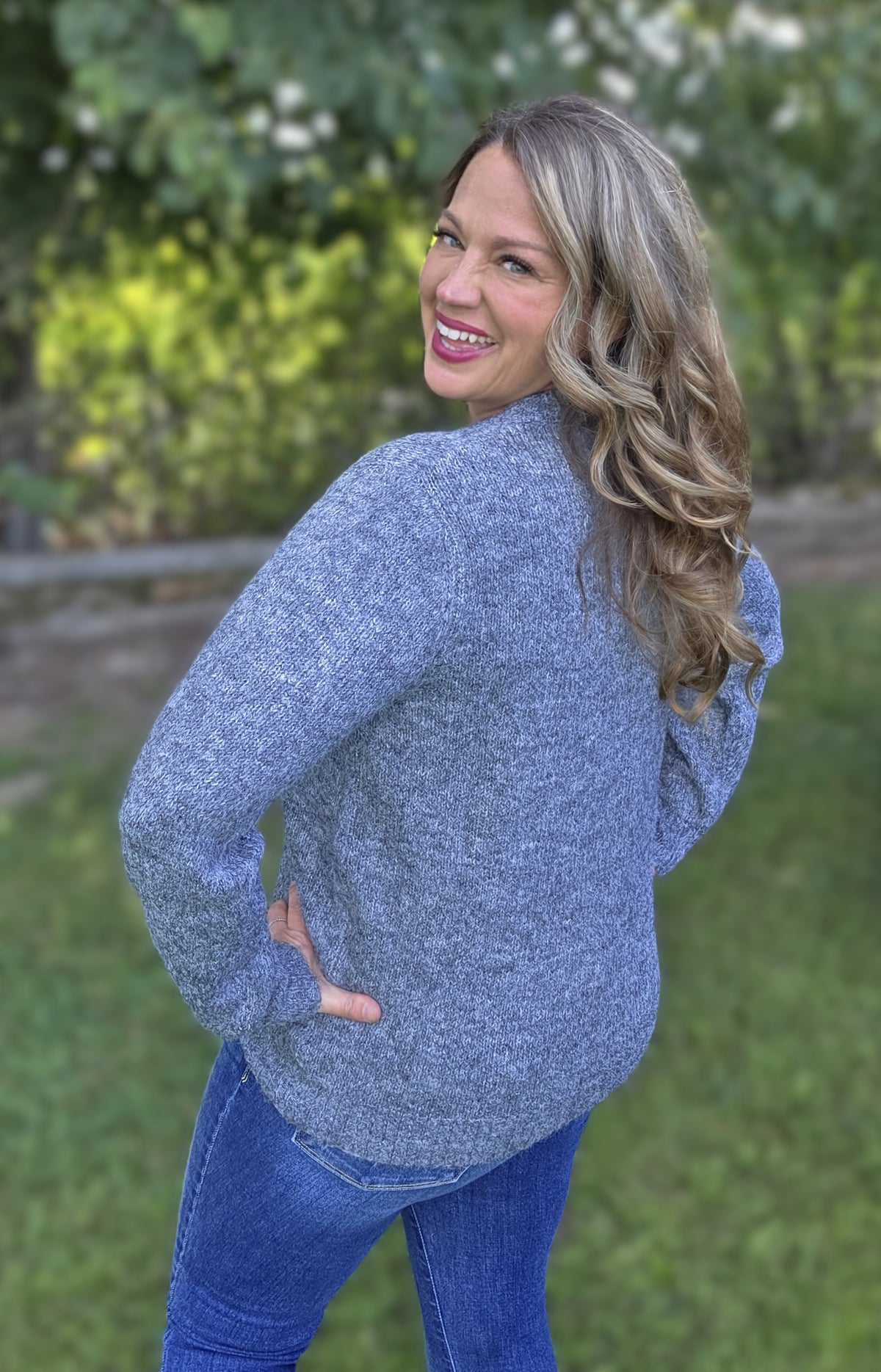 CHARCOAL 3D GLITZ FLORAL KNIT SWEATER