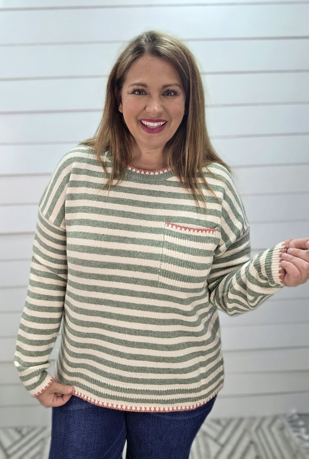 DARK SAGE STRIPED Pop Color Blanket Stitch Finished Chest Pocket Long Sleeve Striped Sweater