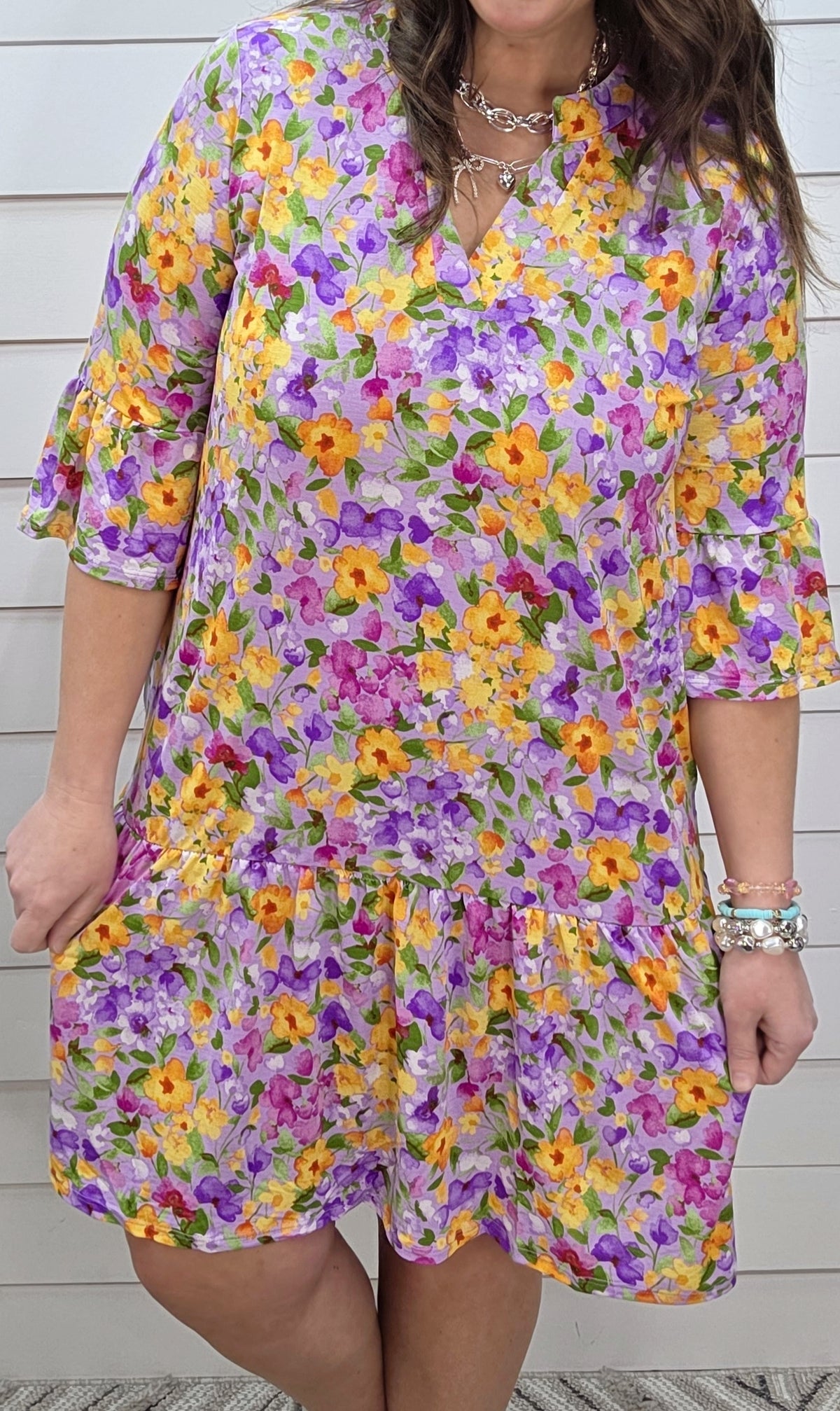 DEAR SCARLETT SUNDAY 3/4 SLEEVE RUFFLE DETAIL DRESS - LILAC/YELLOW FLORAL