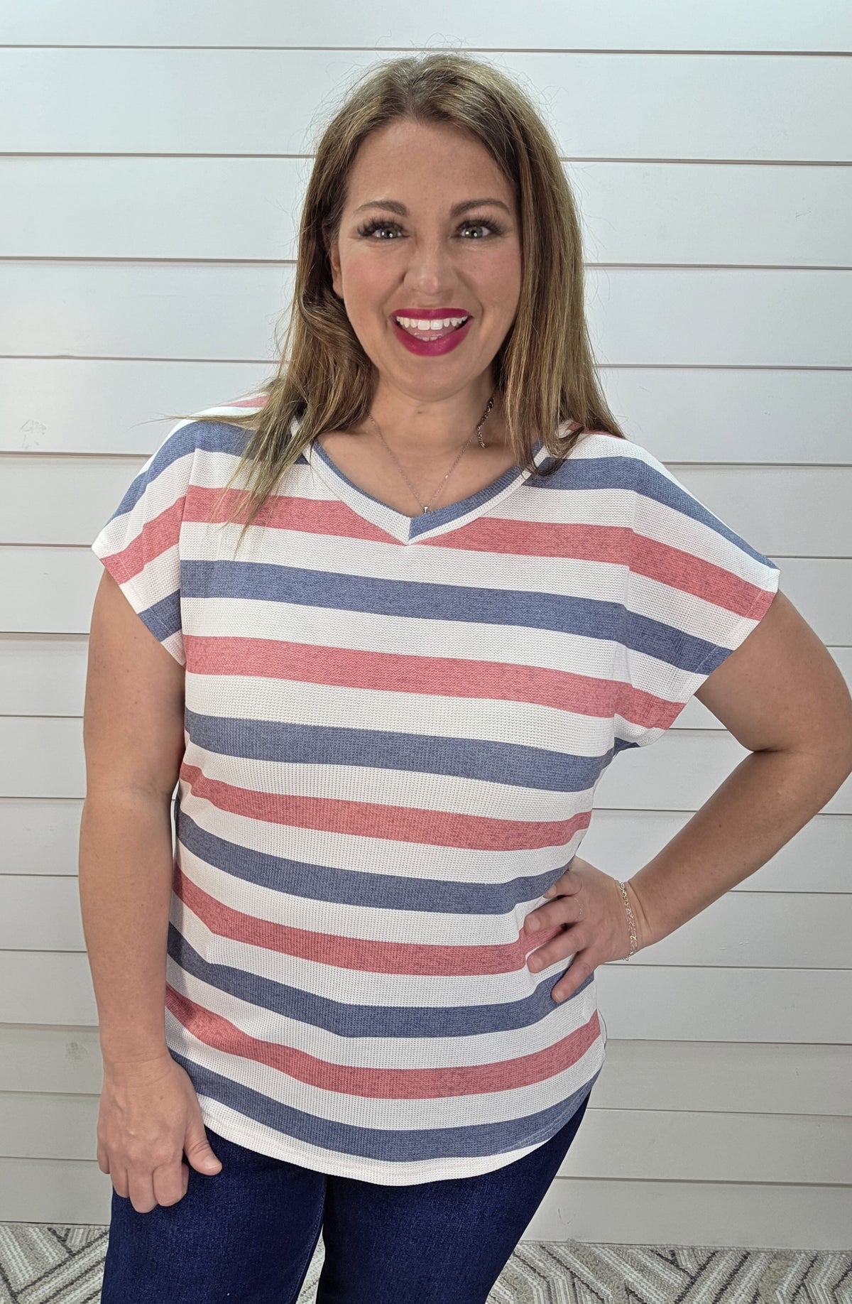 RED/NAVY STRIPED V NECK KNIT TOP