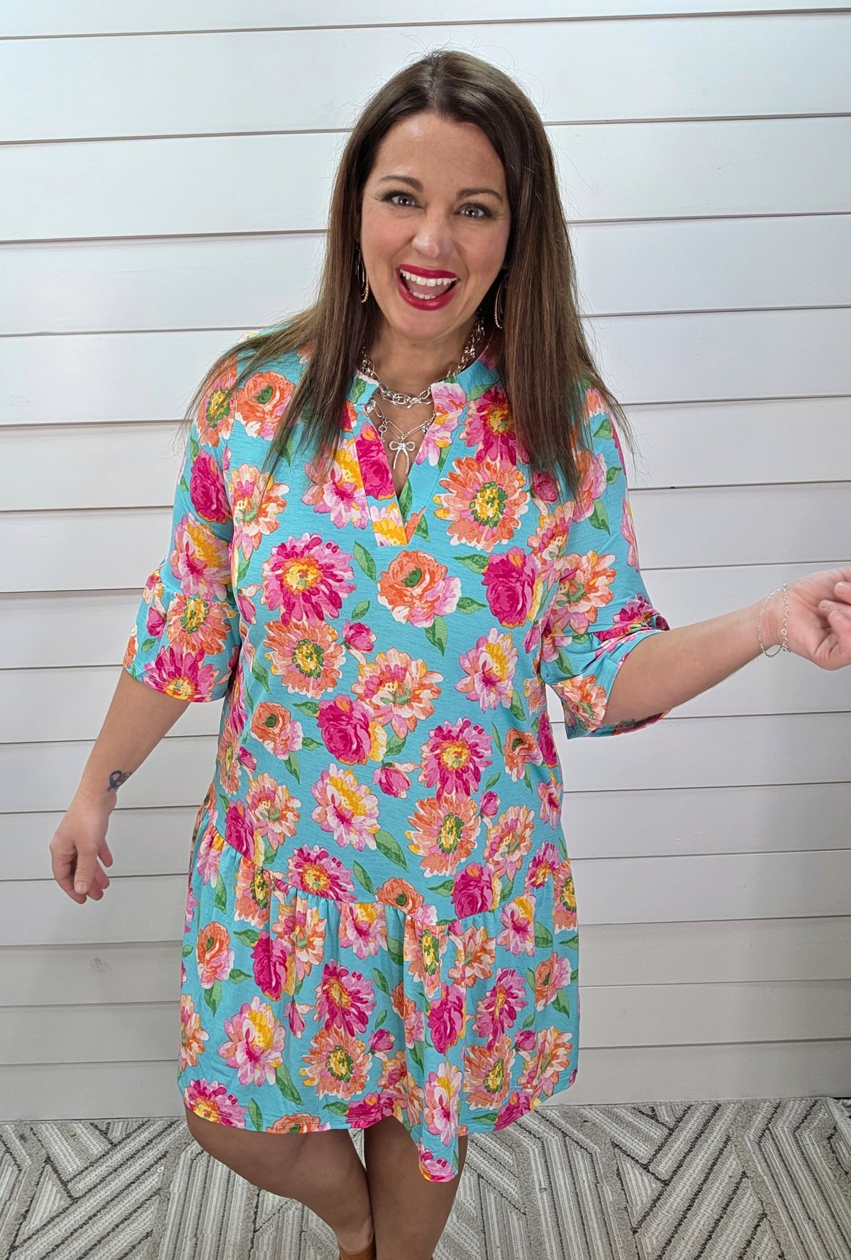 DEAR SCARLETT SUNDAY 3/4 SLEEVE RUFFLE DETAIL DRESS - MINT FLORAL