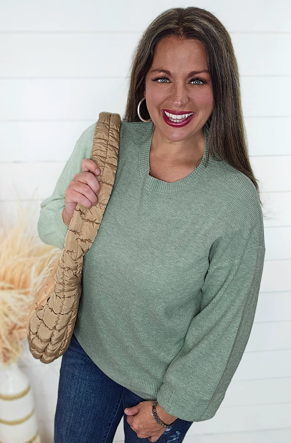 HEATHER AVOCADO ULTRA SOFT RIBBED CREW NECK TOP