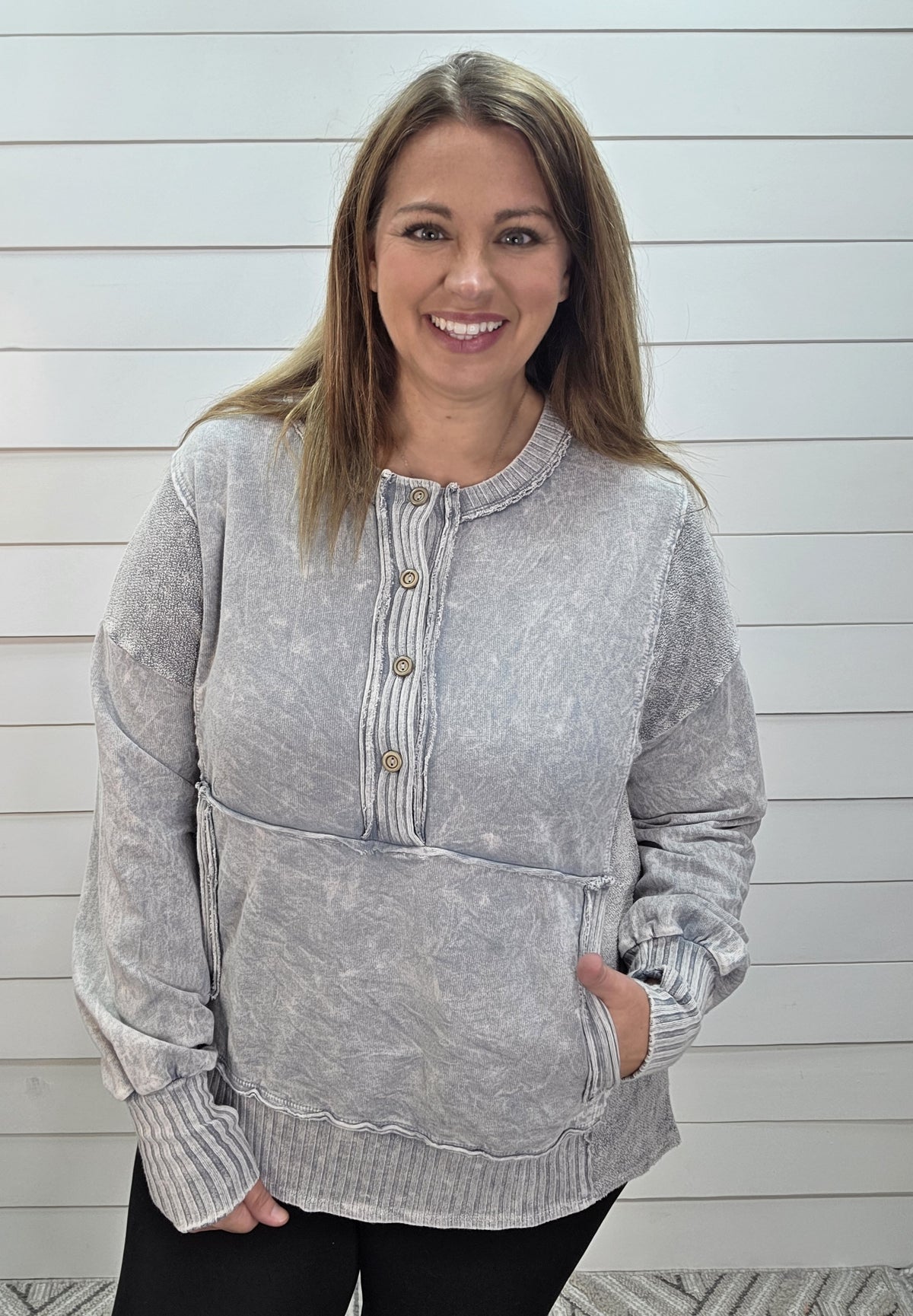 SILVER GREY Mineral wash Henley Kangaroo Pocket Terry Sweatshirt